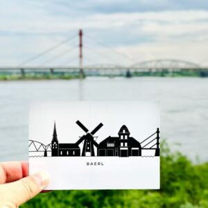 Foto am Rhein mit den Brücken im Hintergrund, Postkarte, Duisburg, Baerl, Skyline, Grafik, A42, Autobahn, Brücke, Haus-Knipp-Brücke, Eisenbahnbrücke, Lohmanns Mühle, Mühle, Feuerwehrturm, Freiwillige Feuerwehr Baerl, Löschzug 501