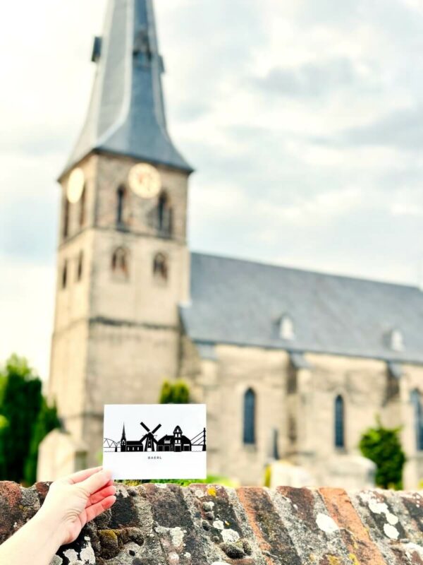 Foto an der Ev. Dorfkirche, Postkarte, Duisburg, Baerl, Skyline, Grafik, A42, Autobahn, Brücke, Haus-Knipp-Brücke, Eisenbahnbrücke, Lohmanns Mühle, Mühle, Feuerwehrturm, Freiwillige Feuerwehr Baerl, Löschzug 501, Dorfkirche, Evangelische Kirche